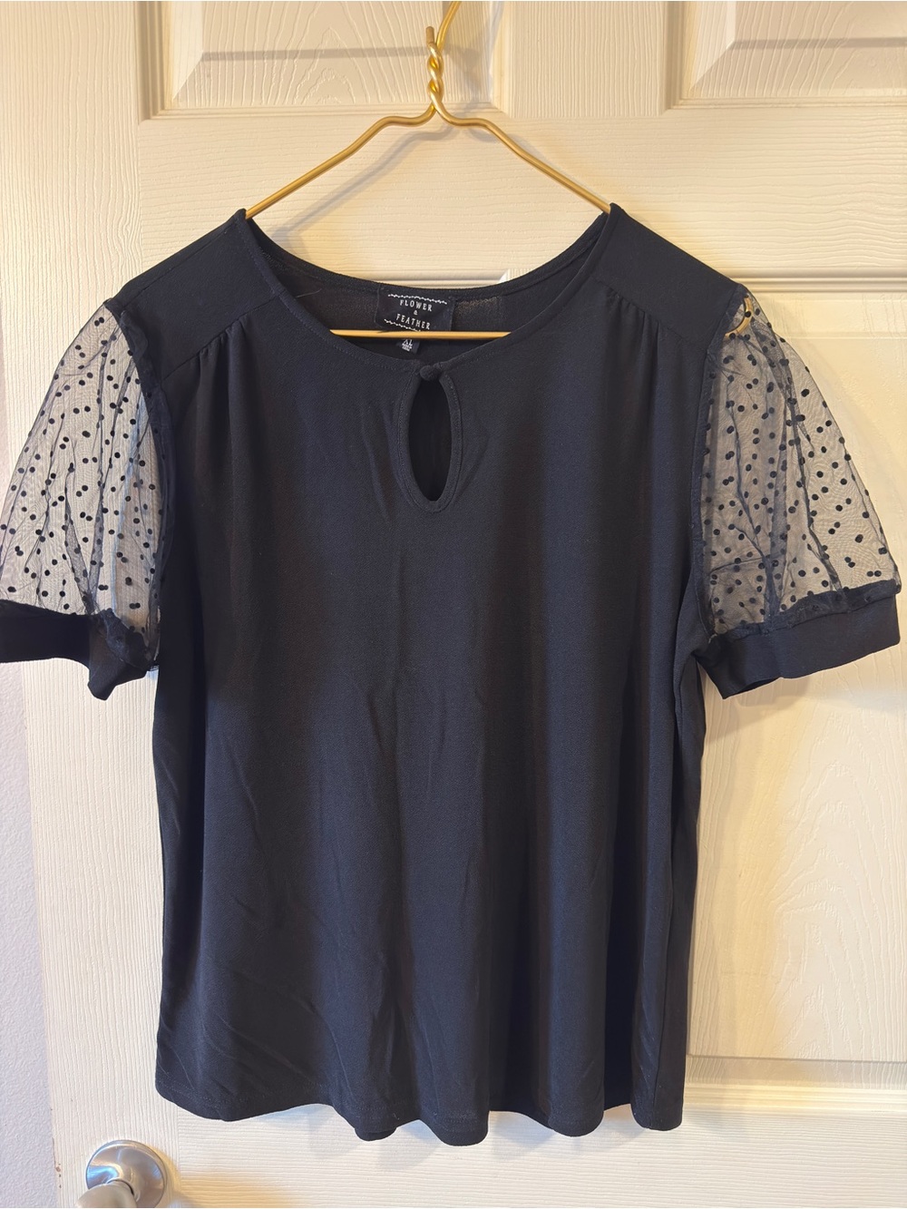 Flower & Feather Black Sheer Polka Dot Sleeve Blouse Size XL